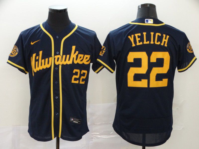 Men Milwaukee Brewers 22 Yelich Blue Nike Elite MLB Jerseys